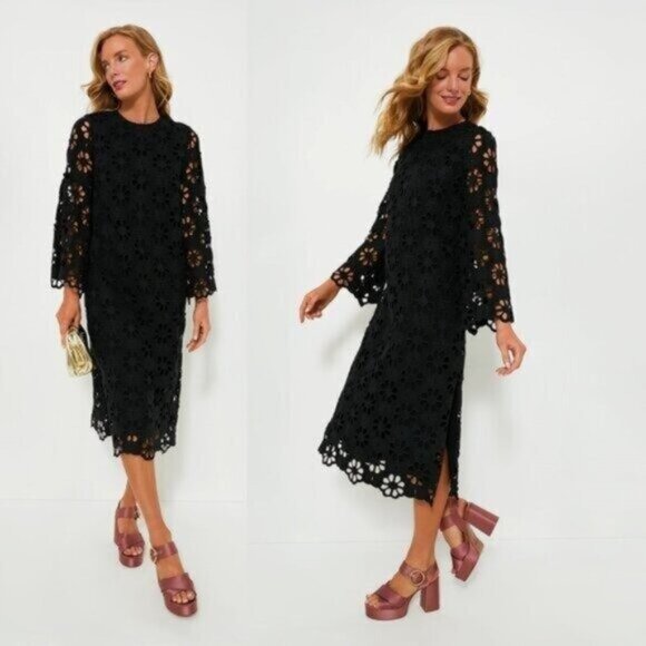Tuckernuck NEW Noir Eyelet Hutton Long Sleeve Cotton Formal Midi Dress Size M - Picture 2 of 11